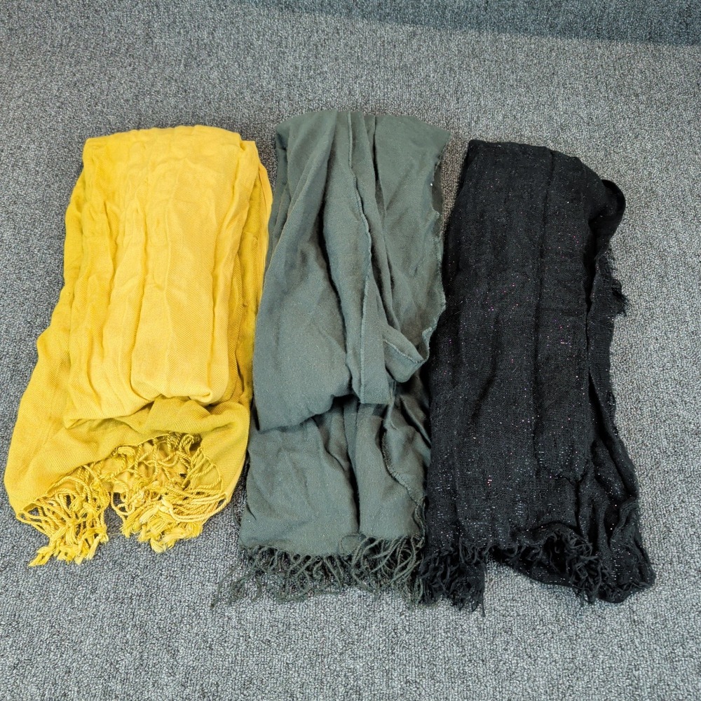 Unbranded Scarf Lot 3 OS Womens Mustard Olive Black Metallic Fringe Heavy Cozy — photo 2